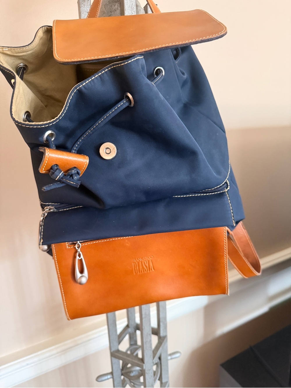 Biasia Navy and Tan Leather Drawstring Backpack